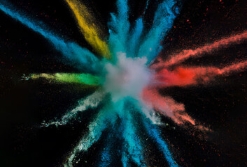 Colorful rainbow powder explosion isolated black wide panorama background