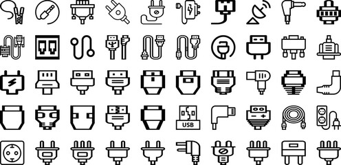 Set Of Cable Icons Collection Isolated Silhouette Solid Icons Including Technology, Communication, Cable, Data, Line, Internet, Wire Infographic Elements Logo Vector Illustration