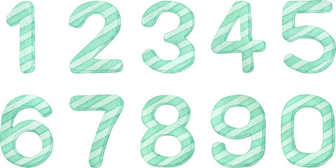 ミントグリーンのストライプ柄の数字のイラスト(セット素材)