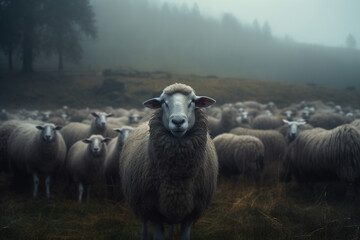 Fototapeta premium In a picturesque meadow, a black woolly sheep stands out among a multitude of white sheep, creating a captivating scene