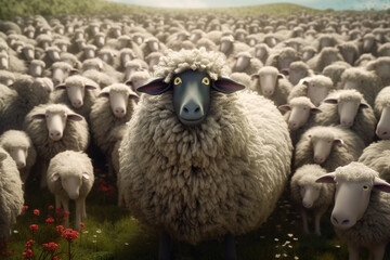 In a picturesque meadow, a black woolly sheep stands out among a multitude of white sheep, creating a captivating scene