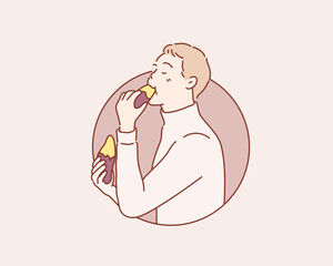 boy eating a sweet potato. Hand drawn style vector design illustrations.