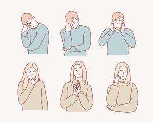 Confused people thinking together. Hand drawn style vector design illustrations.