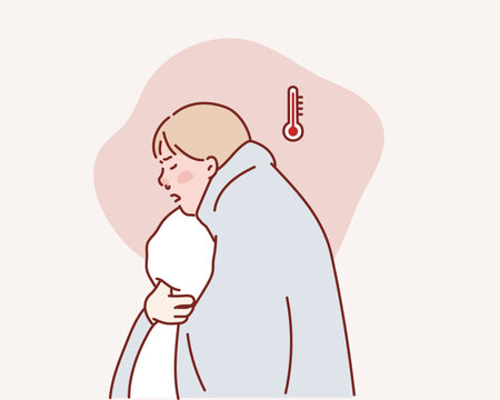 Man in fever with a high temperature as a symptom of flu, cold. Hand drawn style vector design illustrations.