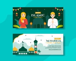 Fototapeta premium Happy Muharram Islamic New Year Horizontal Banner Cartoon Hand Drawn Templates Background Illustration