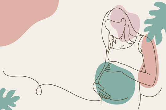 Continuous line art drawing of pregnant woman touching her belly