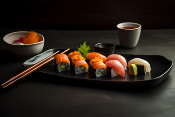 A restaurant grade food photo of sushi on a nice plate. Good for game pictures, rstaurant promo 