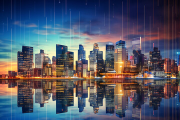 City night skyline, urban, water reflection, graphic resources
