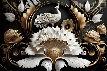 Elegant Leather Base Golden and White Floral Damask Seamless Flowers with Gold and White Peacock Isolated on Black Background. Matelic, Italian, Wall art Wallpaper, generative AI