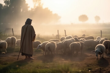 Shepherd Jesus Christ leading the sheep and praying to God and in the field bright sunlight, generative AI