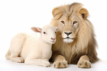 The Lion and the Lamb together. Image on white background, generative AI - obrazy, fototapety, plakaty