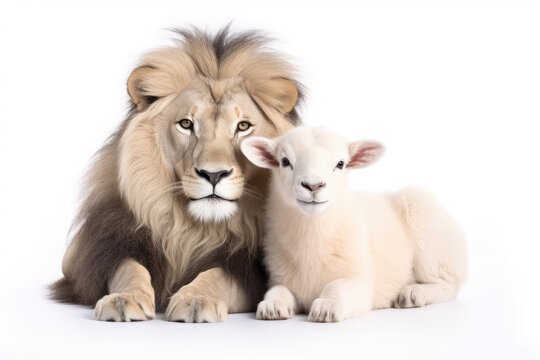The Lion and the Lamb together. Image on white background, generative AI