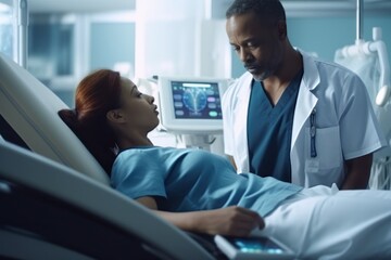 Fototapeta premium doctor talking to patient on a medical bed