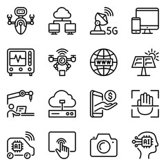 technology line icons. artificial intelligence, database, server, automated, robot, drone, monitor, software, tech, innovation, desktop, camera, signs, storage, connect, system, website