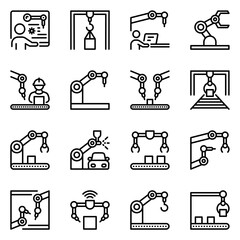 Industrial Robotics and Automation Line Icons Set. Manufacturing, Assembly Line, AI, Mechanical Arms, and Production Technology