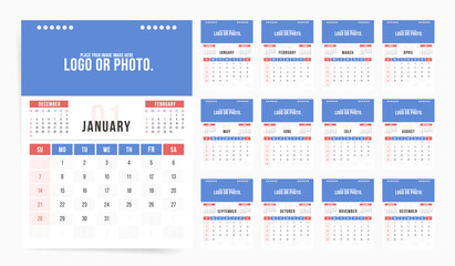 Professional 2024 Calendar:Modern Business Style, English Vector Design, Place for Photo.
