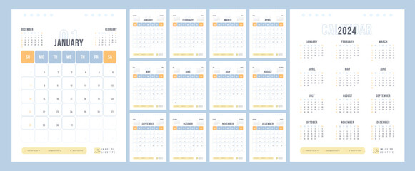 2024 Calendar Design Template. Week starts on Sunday. Yellow and blue calendar for businessman. Wall planner in simple clean style. Corporate or business calendar. English vector calendar layout.	