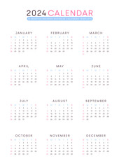 Minimalist One Page 2024 Calendar. Modern Design with a Sunday Week Start.