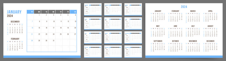 2024 Calendar Design Template. Week starts on Sunday blue office calendar. Desktop planner in simple clean style. Corporate or business calendar. English vector calendar layout.	