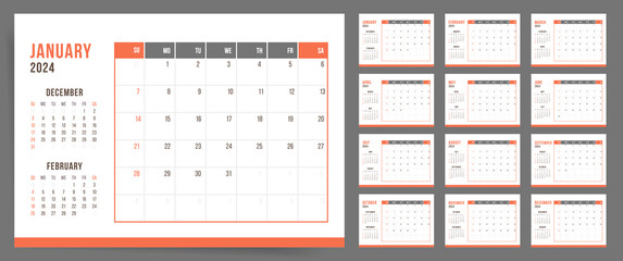 2024 Desk Calendar: Compact Design, Editable pages,  Sunday Start.
