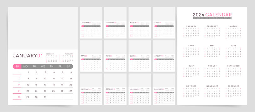 2024 Calendar Design Template. Week starts on Sunday office calendar. Wall planner in simple clean style. Corporate or business calendar. English vector calendar layout.	