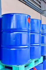 Blue Paint Thinner Chemical Drums on Pallets