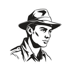 man scout, vintage logo line art concept black and white color, hand drawn illustration