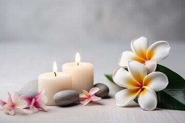 Spa composition with candles and frangipani flower AI Generative
