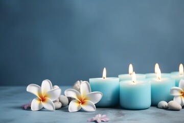 Fototapeta na wymiar Spa composition with candles and frangipani flower AI Generative