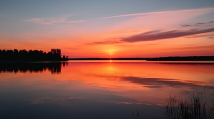 Fototapeta na wymiar Sun setting over a calm lake landscape Generative Ai