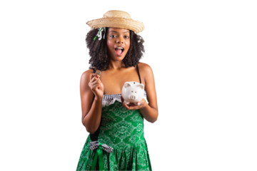 portrait, Black Brazilian woman in festa junina clothes. Saint John's festival. holding piggy bank.