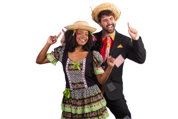 portrait, Brazilian couple in festa junina clothes. Saint John's festival. dancing.
