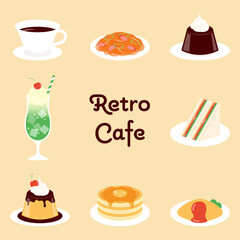 a set of food and drink icons at Japanese-style retro cafes for banners, cards, flyers, social media wallpapers, etc.