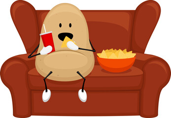 Vector illustration of a cartoon potato seated on a couch, snacking on corn chips and a soda.