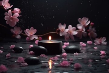 Spa composition with candles and cherry blossom AI Generative