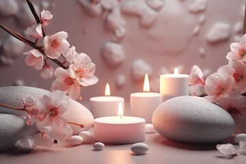 Spa composition with candles and cherry blossom AI Generative