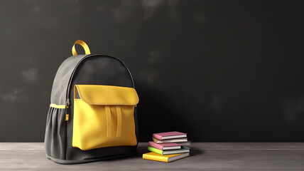 Backpack with school supplies on black background, empty space, back to school theme