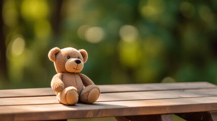 Front view of a teddy bear on bench on the park. Empty space banner size	