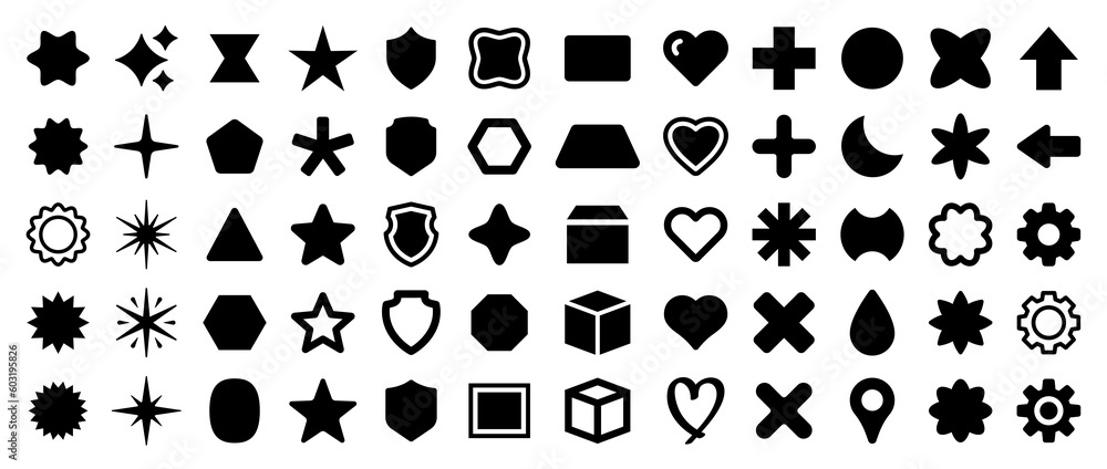 Poster set of black simple geometric shapes icons. containing sparking, star, circle, rectangle, starburst 