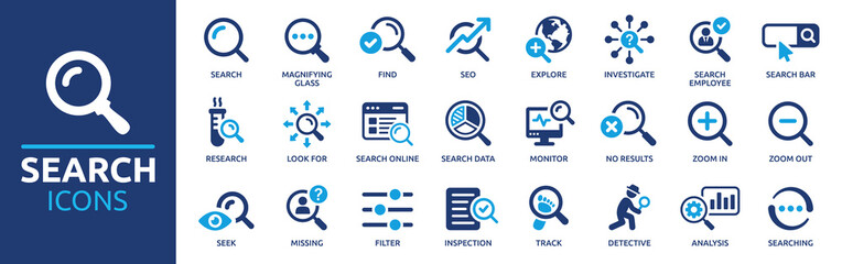 Search icon set. Containing magnifying glass, find, research, SEO and investigate icons. Solid icon collection. Vector illustration. - obrazy, fototapety, plakaty