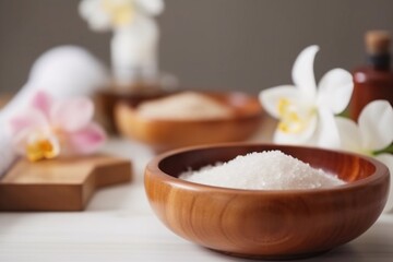 Fototapeta na wymiar Salt in wooden bowl on the table AI Generative