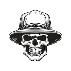 skull wearing bucket hat, vintage logo line art concept black and white color, hand drawn illustration