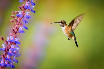 Fototapeta premium Portrait hummingbird flying beside flower AI Generative