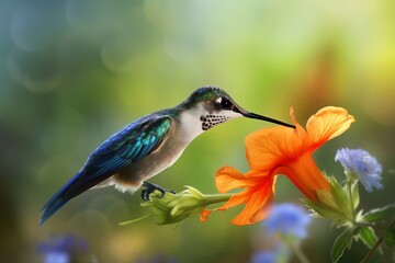 Portrait hummingbird with flower AI Generative