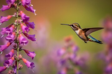 Fototapeta na wymiar Portrait hummingbird flying beside flower AI Generative
