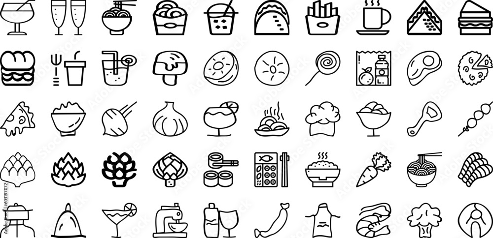 Wall mural Set Of Food Icons Collection Isolated Silhouette Solid Icons Including Food, Icon, Vegetable, Menu, Restaurant, Vector, Healthy Infographic Elements Logo Vector Illustration