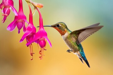 Fototapeta na wymiar Portrait hummingbird flying beside flower AI Generative
