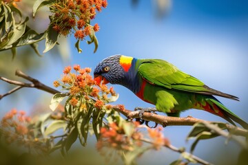 Portrait beautiful macaw eating fruit on branch AI Generative