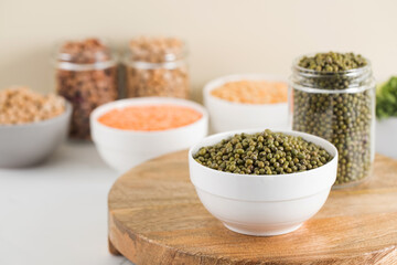 Raw mash beans in a bowl. Vegetarianism, vegetable protein. Healthy eating.