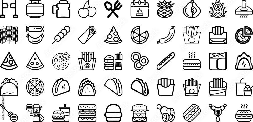 Wall mural Set Of Food Icons Collection Isolated Silhouette Solid Icons Including Menu, Restaurant, Vector, Vegetable, Icon, Food, Healthy Infographic Elements Logo Vector Illustration